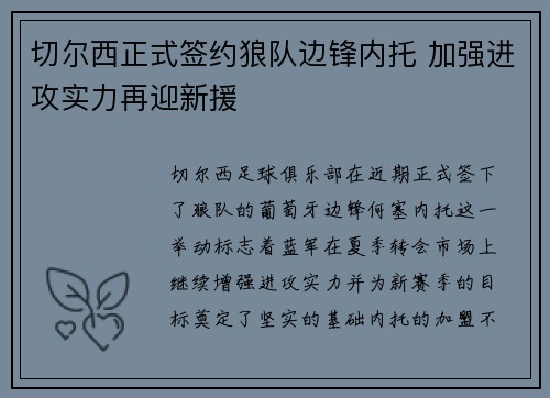 切尔西正式签约狼队边锋内托 加强进攻实力再迎新援