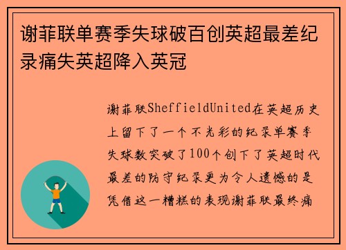 谢菲联单赛季失球破百创英超最差纪录痛失英超降入英冠 谢菲联单赛季失球破百创英超最差纪录痛失英超降入英冠